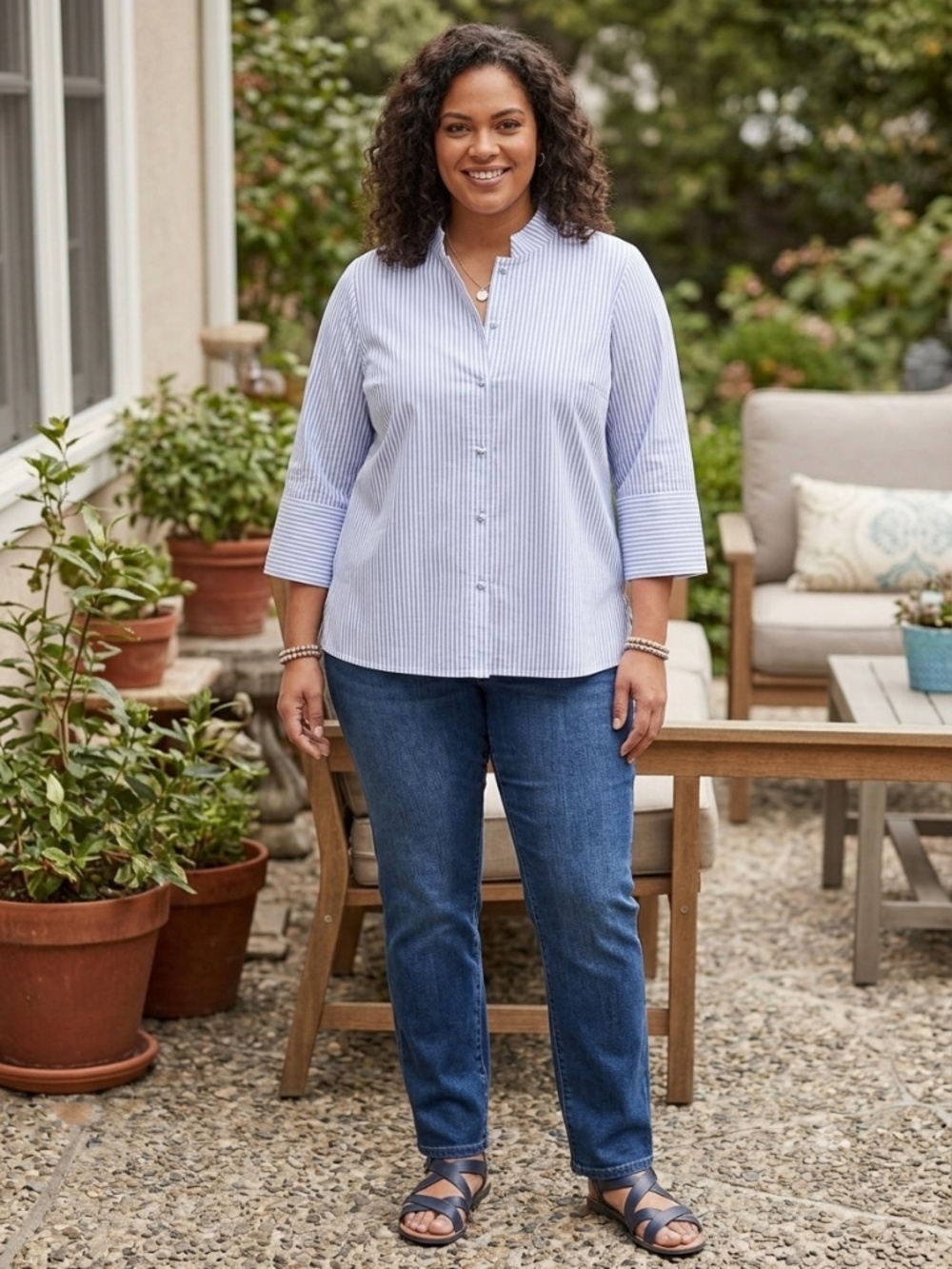Gretchen Scott Blue Striped 3/4 Sleeve Shirt Size XL